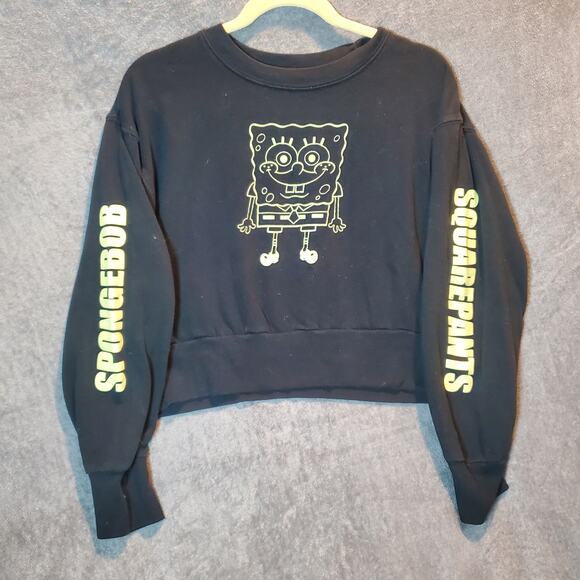 SpongeBob SquarePants Black Cropped Sweatshirt Neon Graphic Y2K Nickelodeon Top - Picture 1 of 8